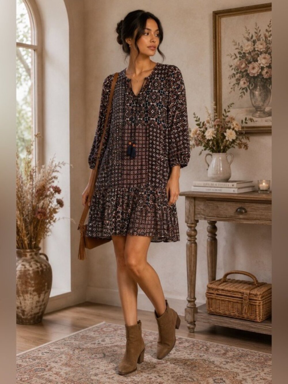 Liverpool Los Angeles Geo Ditsy Patchwork Boho Tassel Dress Size Small